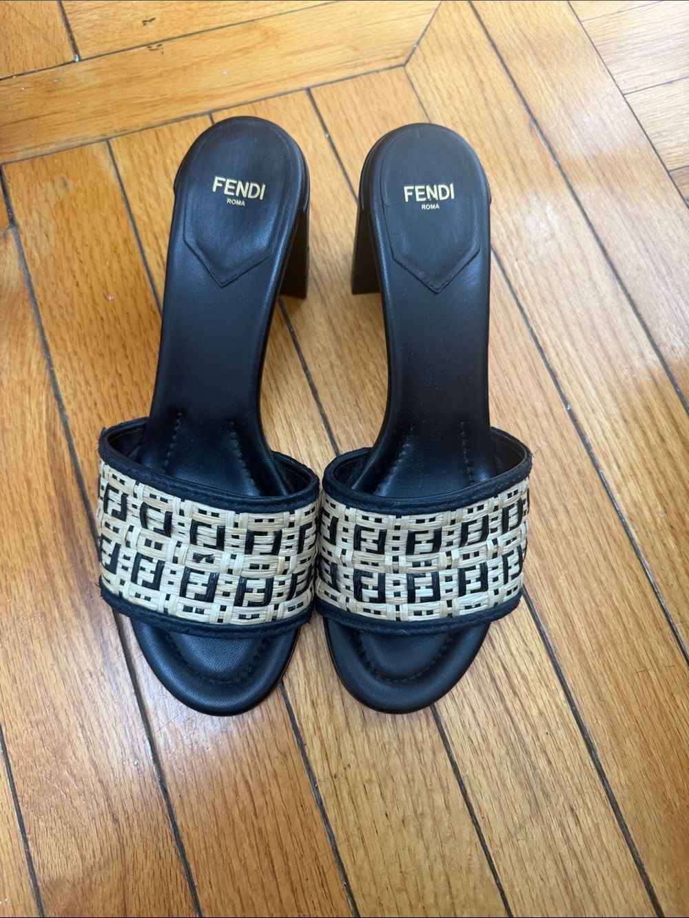 Fendi Black Leather Mules with Beige Woven Logo Strap